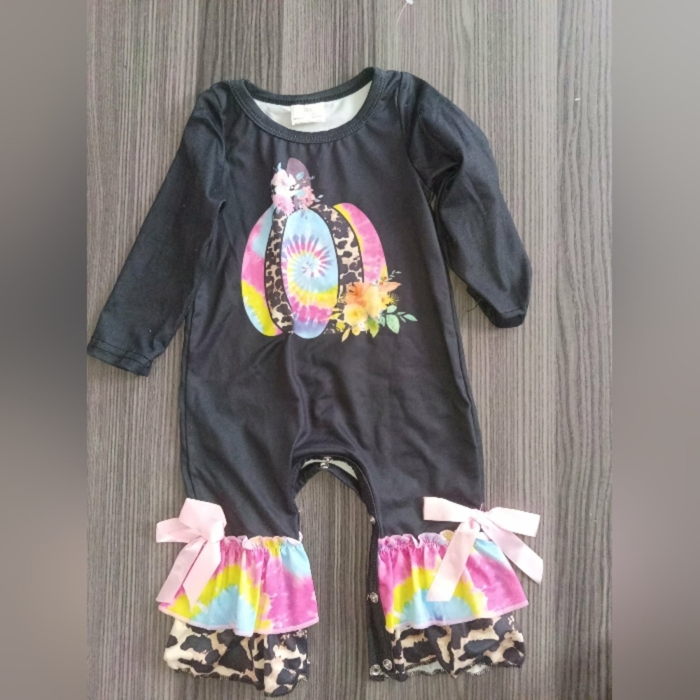 Tie Dye Leopard Print Fall Pumpkin Baby Girls 3-6m Romper Jumpsuit One Piece